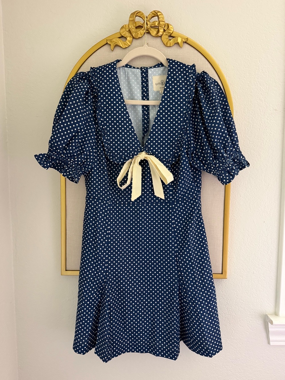 Umgee Navy White Polka Dot V-Neck Midi Dress with Cream Tie